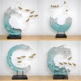 Abstract resin sculpture with birds glass material